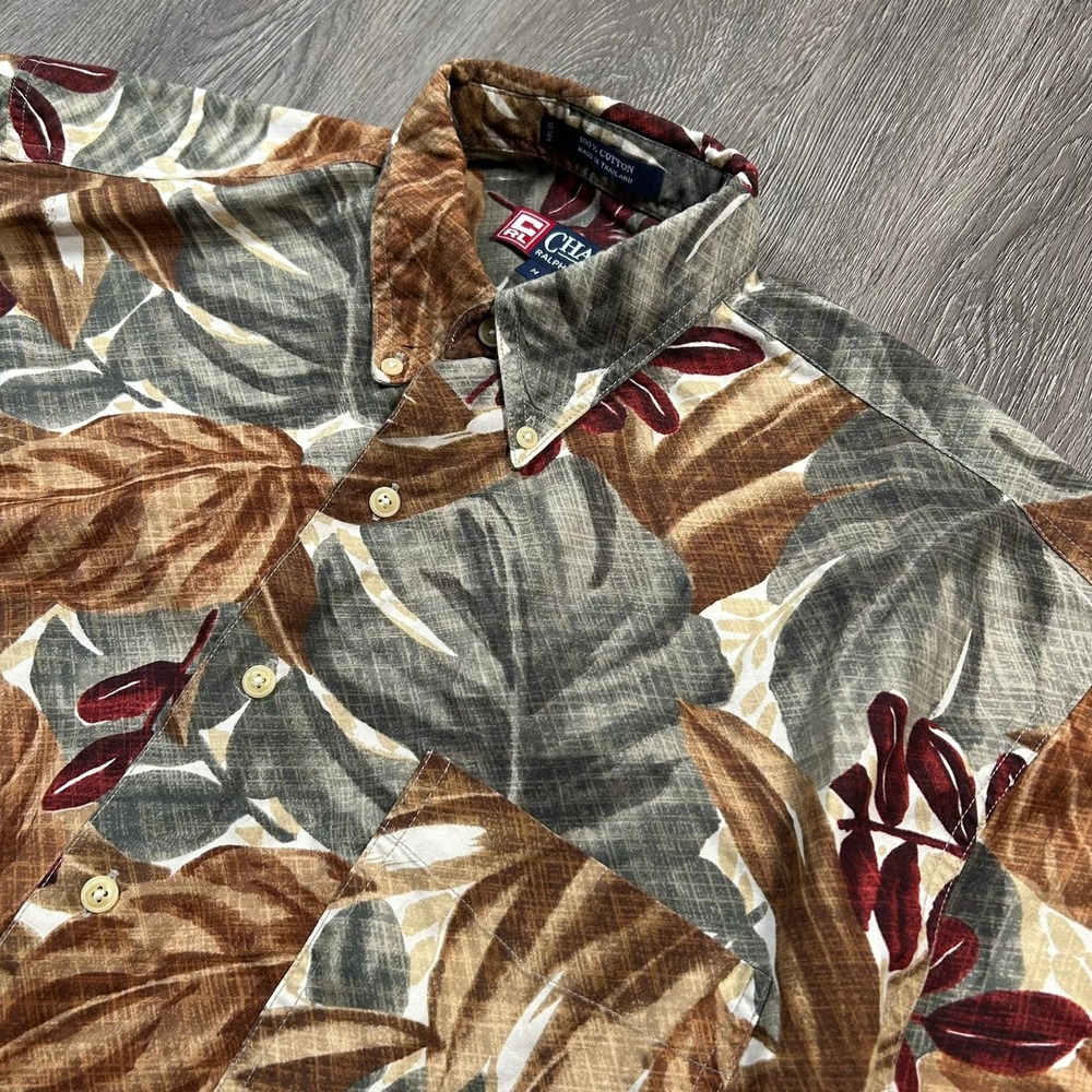 Vintage Chaps Ralph Lauren Button Down Shirt Size‎ Medium Brown Tropical Leaf